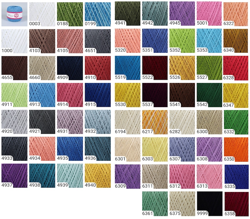 May include: A color chart of yarn skeins, with numbers corresponding to each color. The colors include white, green, blue, brown, pink, red, yellow, orange, gray, black, purple, teal, and beige.