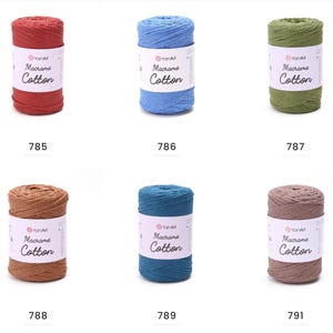 May include: Six spools of YarnArt Macrame Cotton yarn in various colors. The colors include red, blue, green, brown, teal, and taupe. Each spool has a white label with the brand name and product information. The numbers 785, 786, 787, 788, 789, and 791 are printed below each spool.