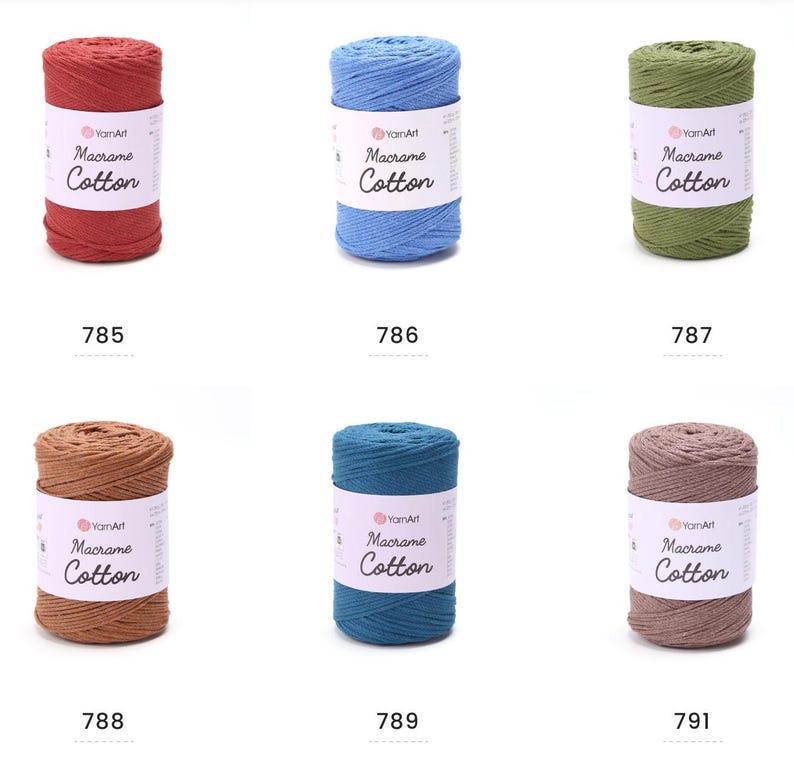 May include: Six spools of YarnArt Macrame Cotton yarn in various colors. The colors include red, blue, green, brown, teal, and taupe. Each spool has a white label with the brand name and product information. The numbers 785, 786, 787, 788, 789, and 791 are printed below each spool.
