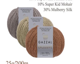 Gazzal Exclusive Yarn: 60% Merino Wool, 30 Silk, Kid Mohair Blend, 25g / 200m Lace Yarn for knitting or crochet, soft luxury