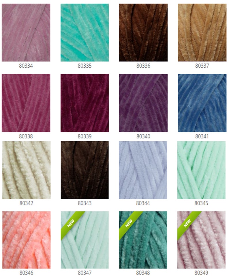 May include: A collection of colorful yarn skeins in various shades, including pink, teal, brown, and blue. Each skein has a soft, velvety texture. The image includes the product numbers 80334 through 80349.