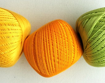 crochet cotton thread size 10, 50g x 250m, 3ply, mercerized cotton yarn #10, yellow, orange, lime