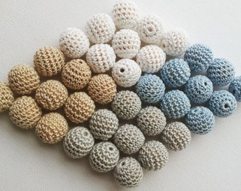 Perline all&#39;uncinetto 10 pezzi 7/8&quot; 22 mm bianco beige beige blu pastello. Perline di cotone all&#39;uncinetto in legno Perline rotonde Collane, qualsiasi colore