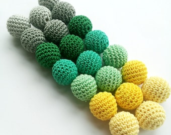 Crochet beads 21PCS, beads for necklace, handmade craft supplies, green yellow grey shades, choose size of the beads, crochetted balls