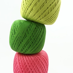set of 3 crochet cotton thread size 10, 50g x 225m, 3ply, mercerized cotton yarn #10, lime, green, magenta, lace yarn