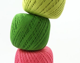 set of 3 crochet cotton thread size 10, 50g x 225m, 3ply, mercerized cotton yarn #10, lime, green, magenta, lace yarn