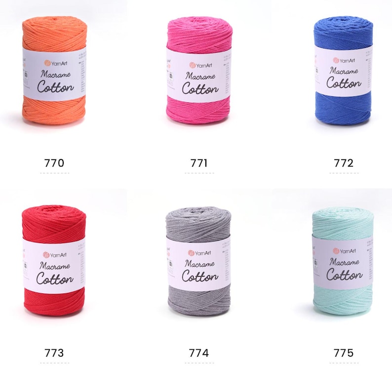 May include: Six spools of YarnArt Macrame Cotton yarn in various colors: orange, pink, blue, red, gray, and mint green. Each spool has a label with the brand name and product details. The numbers 770, 771, 772, 773, 774, and 775 are printed below each spool.