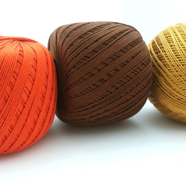 crochet mercerized cotton thread size 10, 50g x 250m, 3ply, mercerized cotton yarn #10, brick orange, brown, mustard ,lace weight 0