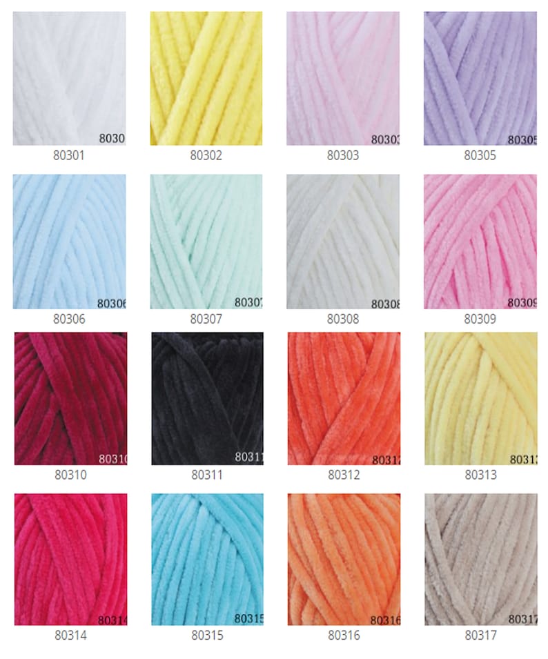 May include: A collection of colorful yarn skeins in various shades, including white, yellow, pink, purple, blue, green, and red. Each skein is labeled with a number. The yarn appears soft and plush, suitable for knitting or crochet projects.