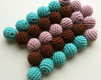 crocheted round beads 30PCS lilac aqua brown -  necklace beads supply, round natural bead, crochet supplies, any color