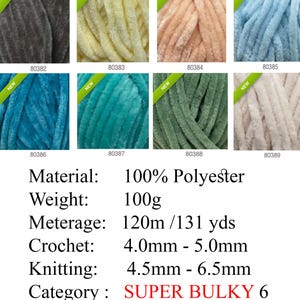May include: Assortment of super bulky yarn skeins in various colors, including gray, yellow, peach, and blue. Each skein is labeled with a number and the word "NEW". The yarn is 100% polyester, 100g, and suitable for crochet and knitting.