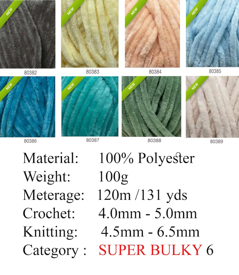 May include: Assortment of super bulky yarn skeins in various colors, including gray, yellow, peach, and blue. Each skein is labeled with a number and the word "NEW". The yarn is 100% polyester, 100g, and suitable for crochet and knitting.