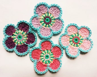 Crochet Flower Motifs 4pcs applique decoration trimming embellishment scrapbook flower