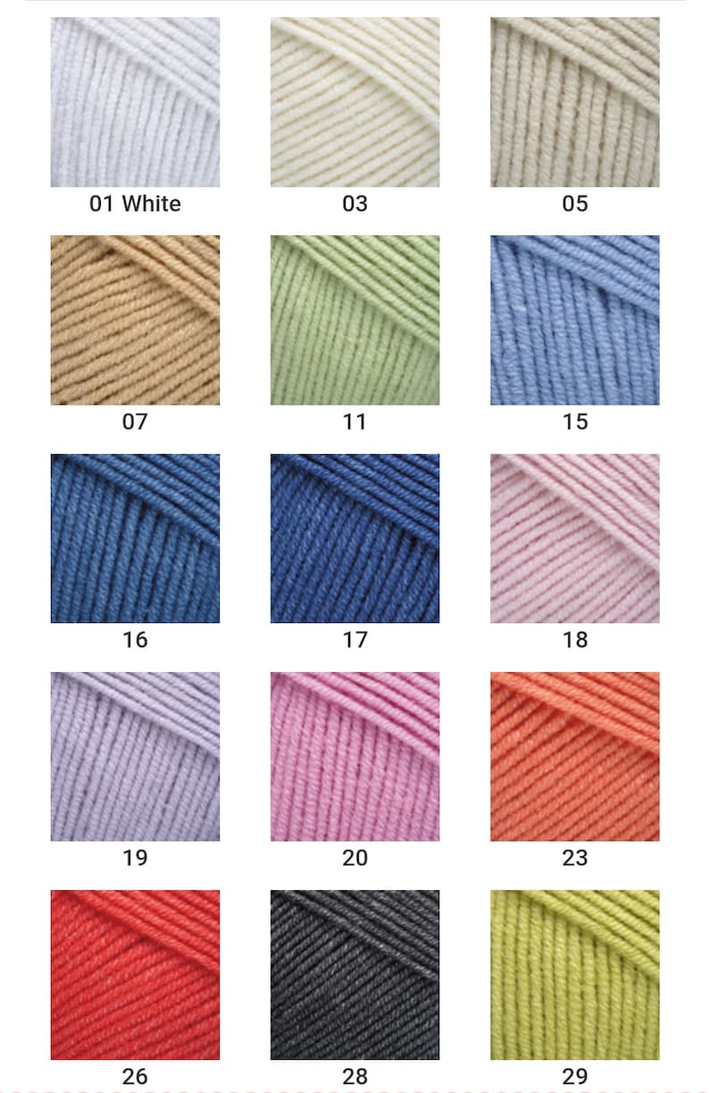 Peut inclure: Une collection de pelotes de laine de diff&eacute;rentes couleurs, notamment blanc, beige, brun clair, vert, bleu, rose, lavande, rouge, gris et jaune. Les pelotes sont dispos&eacute;es en grille avec des num&eacute;ros sous chaque pelote.