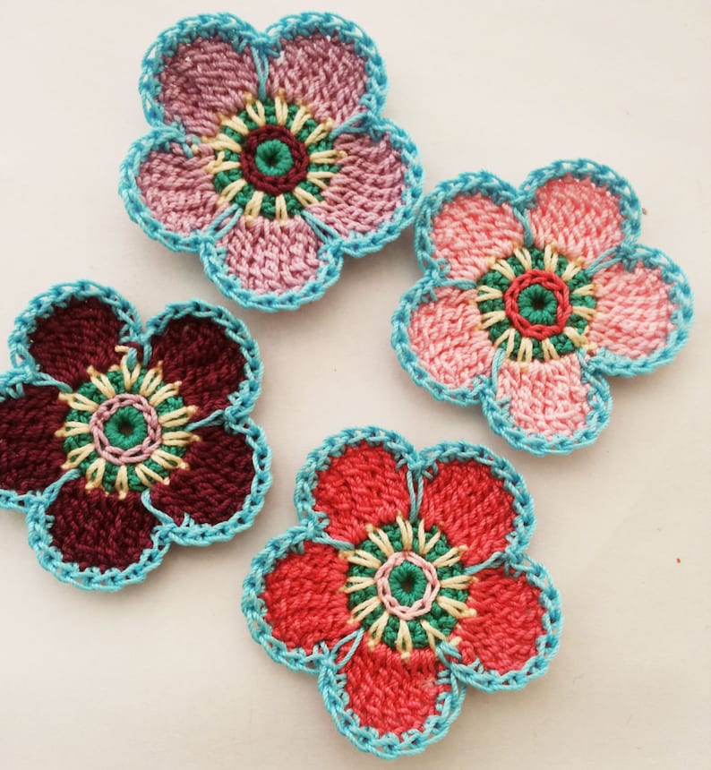 Crochet Flower Motifs 4pcs applique decoration trimming embellishment scrapbook flower image 2