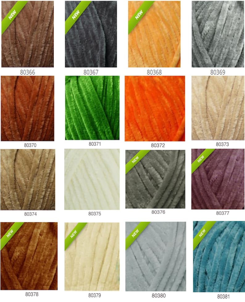 May include: A collection of yarn skeins in various colors, including brown, gray, orange, green, and teal. Each skein has a soft, velvety texture and is labeled with a product number and a "NEW" sticker. Ideal for knitting and crochet projects.