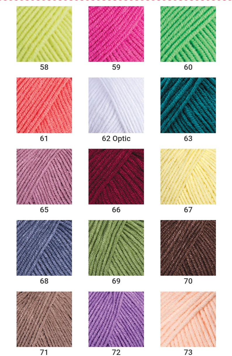 Peut inclure: Un nuancier de fils de laine, num&eacute;rot&eacute; de 58 &agrave; 73, pr&eacute;sentant une vari&eacute;t&eacute; de couleurs, notamment le jaune, le rose, le vert, l'orange, le blanc, le bleu sarcelle, le violet, le rouge, le beige, le marron et le bleu.