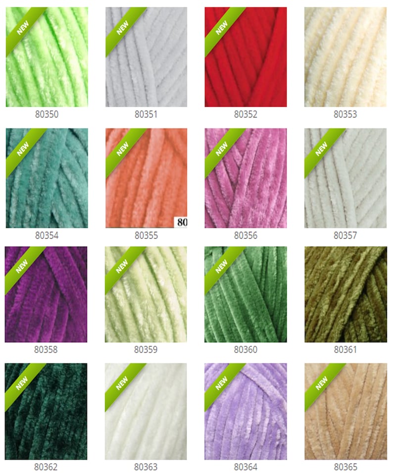 May include: A collection of colorful velvet yarn skeins, each labeled with a unique number and the word "NEW". The yarn colors include shades of green, gray, red, cream, teal, orange, pink, white, purple, light green, green, olive, dark green, white, lavender, and tan.