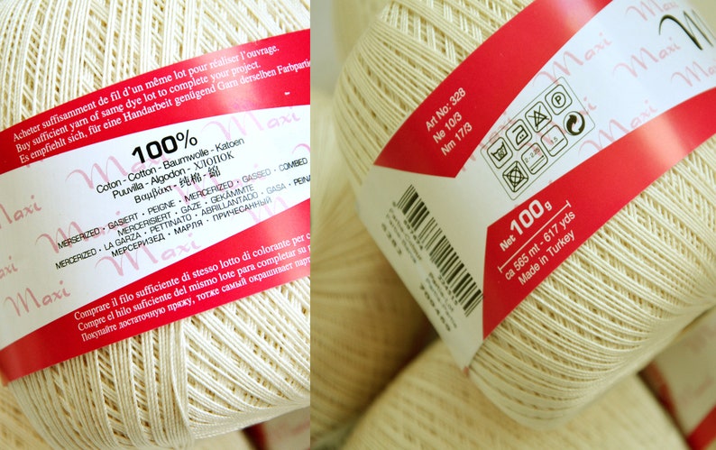 May include: A skein of white cotton yarn with a red and white label. The label reads "Maxi 100%" and includes information about the yarn's composition, care instructions, and origin. Art No: 328, No 10/3, Nm 17/3, Net 100g, ca 565 mt - 617 yds, Made in Turkey.