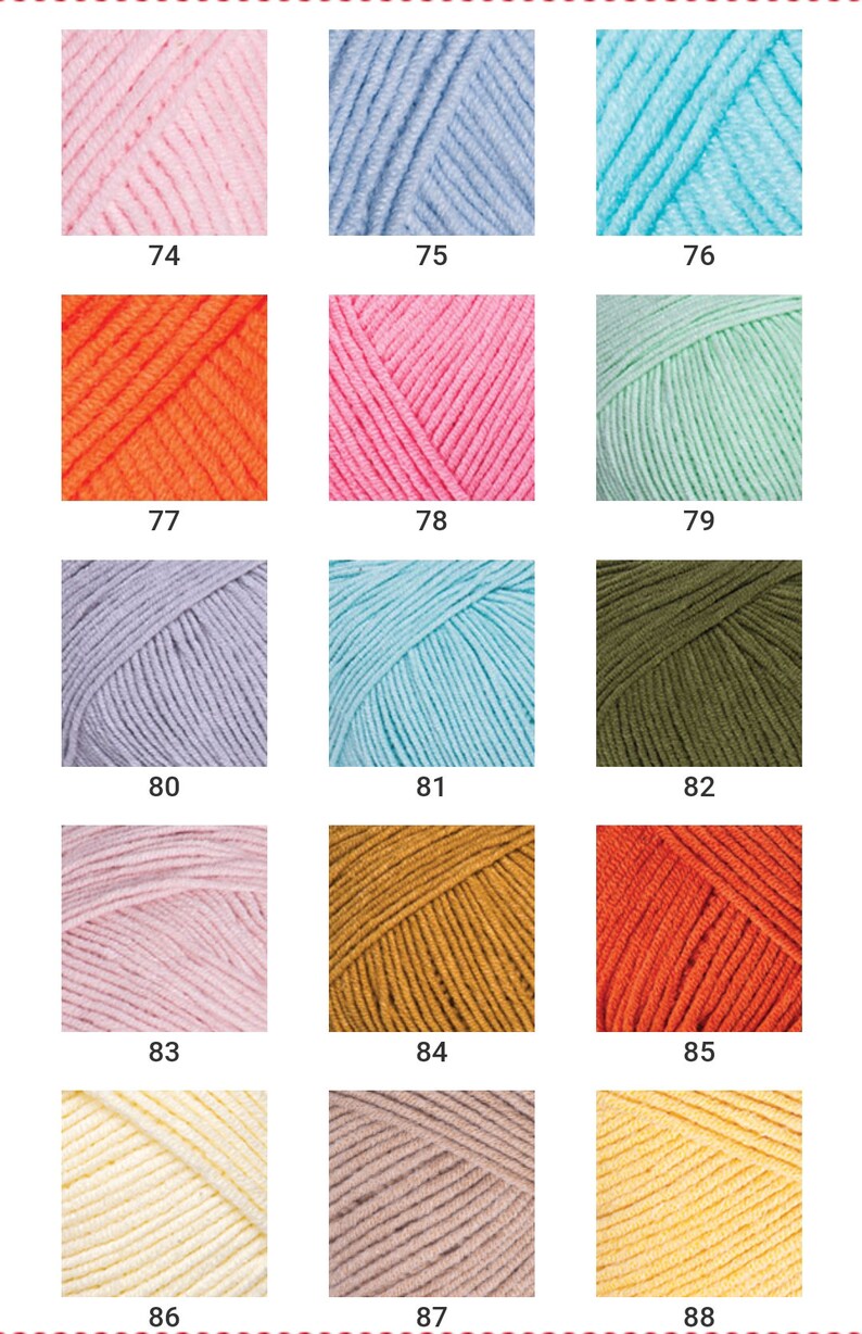 Peut inclure: Une collection de 15 pelotes de laine de diff&eacute;rentes couleurs, dont le rose, le bleu, le vert, l'orange, le violet et le jaune. Chaque pelote est num&eacute;rot&eacute;e de 74 &agrave; 88.
