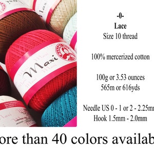 May include: A close-up of several balls of yarn in various colors, including brown, red, white, and teal. The yarn is labeled "Maxi Lace" and is 100% mercerized cotton. The yarn is size 10 thread and comes in over 40 colors. The yarn is suitable for knitting and crocheting with a US size 0-1 or 2 needle or a 1.5mm-2.0mm hook.