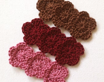 Crochet mini flowers applique set of 9 pcs. Embellishment, motif, scrapbooking flower, decoration, flower trimmings, wine, ruby brown