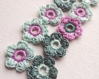 15pcs. crochet flower applique ~1 inches motif decor fabric patches cotton sewing accessories handmade scrapbook flowers, colorful 3d colors