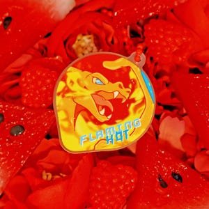 Puede incluir: Un colorido pin de esmalte con un diseño de Charizard y el texto "FLAMING HOT", sobre un fondo de flores rojas y rodajas de sandía. El pin es amarillo, naranja y azul.