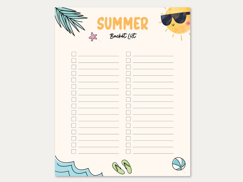Editable Summer Bucket List Printable Summer Fun Sheet Summer