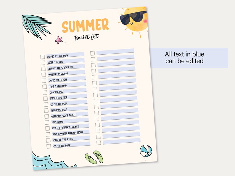 Editable Summer Bucket List Printable Summer Fun Sheet Summer