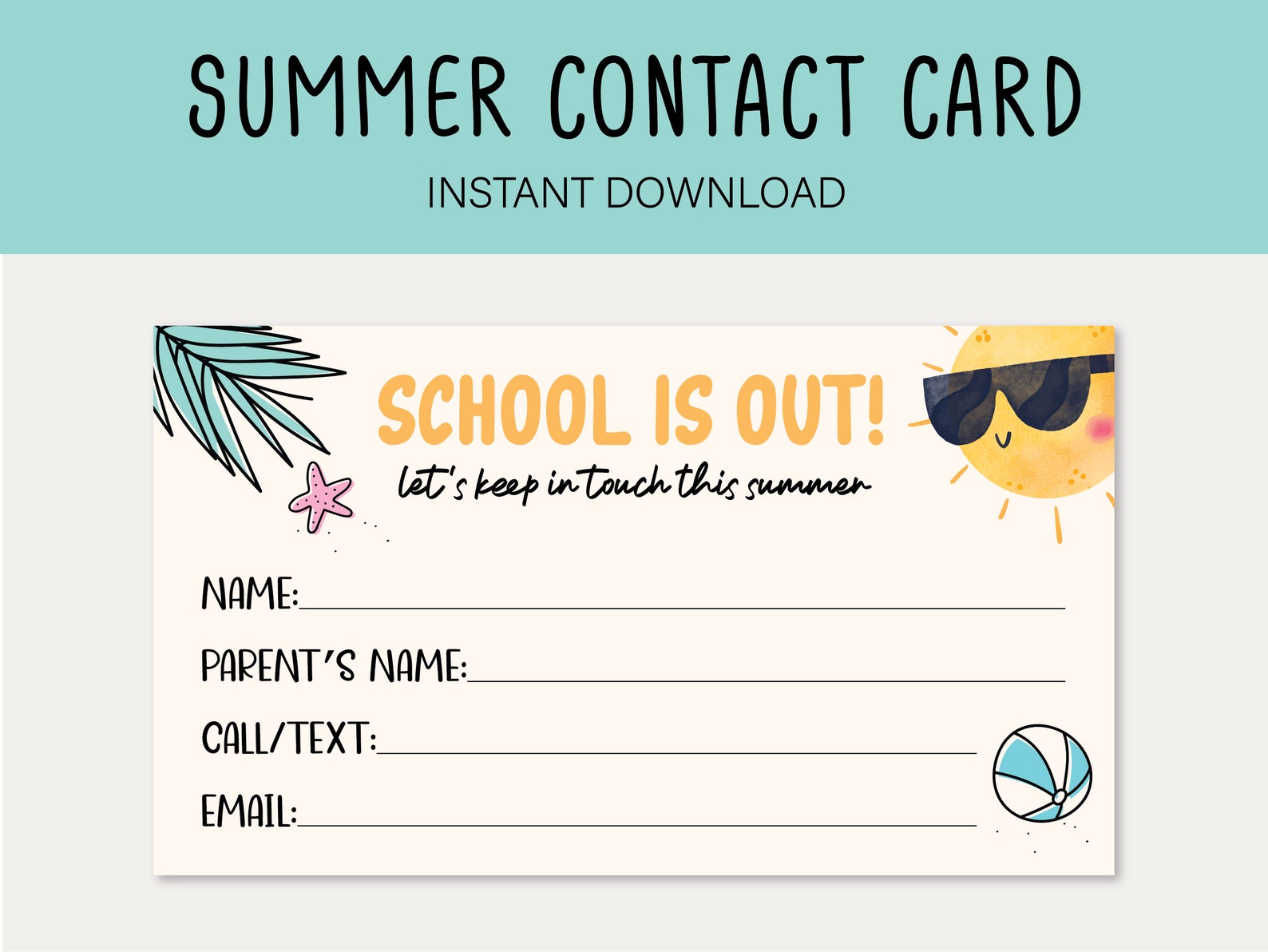 Printable Summer Contact Card, End of School Cards for Kids, Play Date