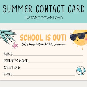Carte de contact d'été imprimable, cartes de fin d'école pour les enfants, carte d'appel de date de jeu, carte de visite de date de jeu, carte de contact d'été pour enfants