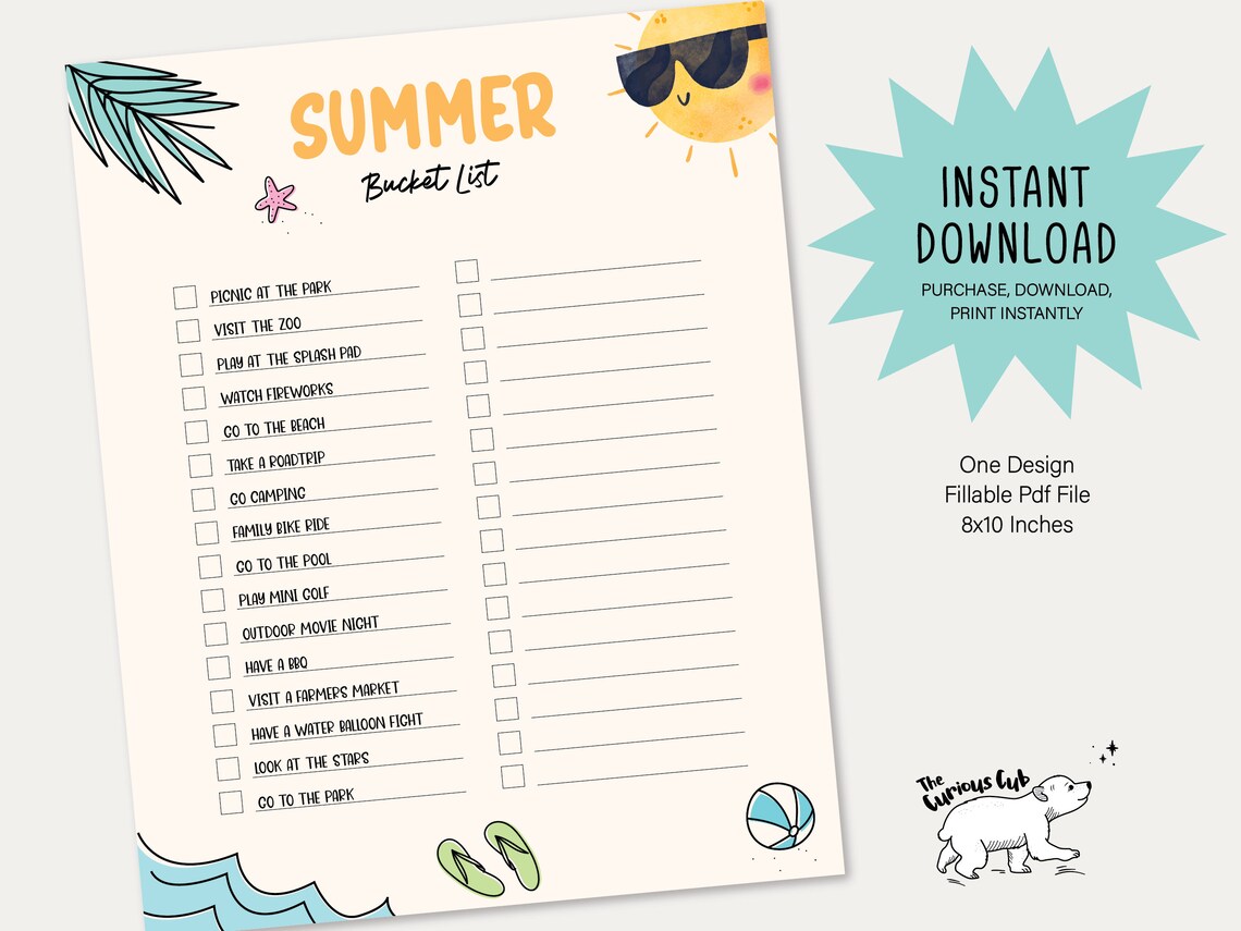 Editable Summer Bucket List Template