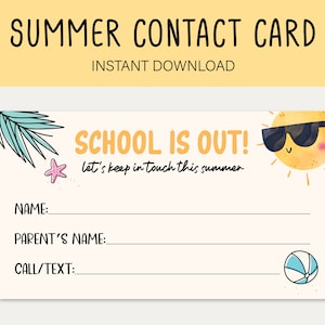 Tarjeta de contacto de verano imprimible, tarjetas de fin de escuela para niños, tarjeta de llamada de fecha de juego, tarjeta de visita de fecha de juego, tarjeta de contacto de verano para niños