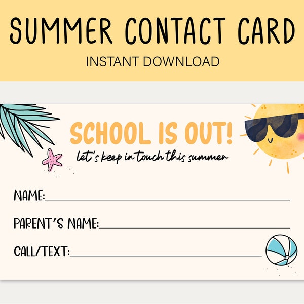 Afdrukbare zomercontactkaart, einde van schoolkaarten voor kinderen, speeldatum visitekaartje, speeldatum visitekaartje, kinderzomercontactkaart