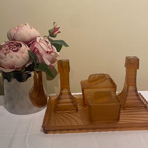 Stunning Antique 7-Piece Pink Glass Art Deco Dressing Table Set