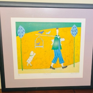 May include: A colorful illustration of a person walking with a dog and a birdcage. The person is wearing a green jacket and blue pants. The dog is white with black spots. The birdcage is blue and has a bird inside. The background is yellow with green and blue accents.