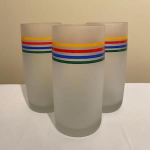 Vintage Rainbow Striped and Frosted Drinking Glasses - Set of 3