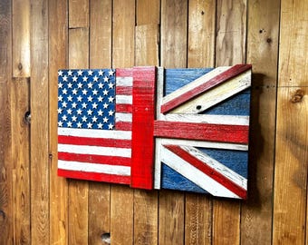 Dual USA British Hybrid Wood Flag Wall Hanging