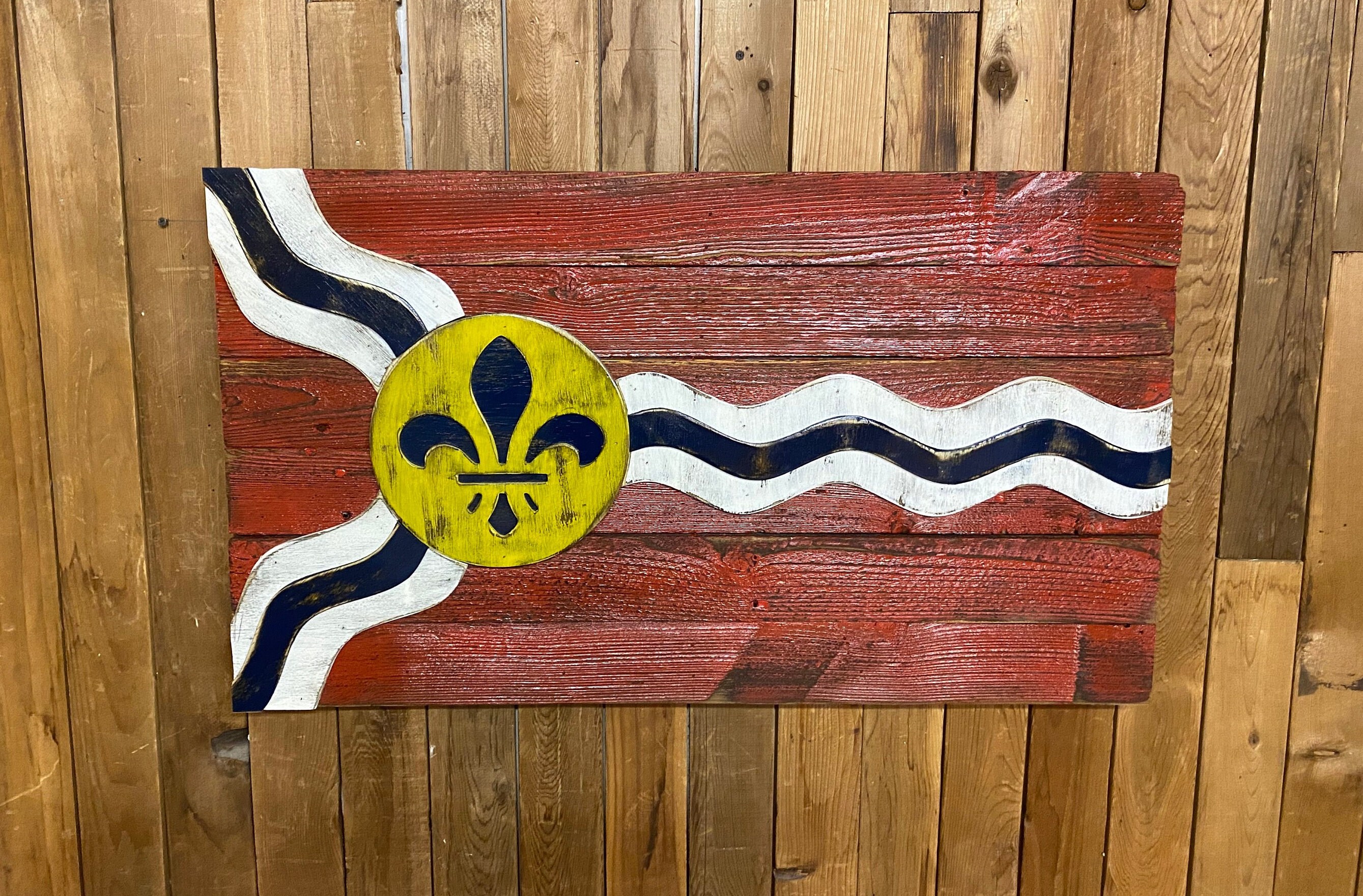 Weathered Wood One of a kind Saint Louis flag, Wooden, vintage, art,  distressed, Missouri, recycled, Red. wedding, home decor, St. Louis