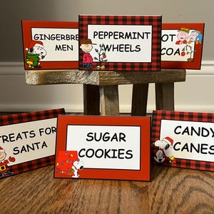 Peanuts - Charlie Brown Christmas Tree Themed Food Tent Cards - Customizable - Sold in Lots of 6 -Charlie Brown, Snoopy, Woodstock, Linus