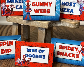 Spidey et ses incroyables amis sur le thème - Cartes de nourriture tente - Personnalisable - Disney Jr - Spidey, Spin, Ghost-Spider - Vendu par lot de 6