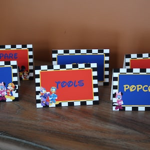 Mickey Roadster Racer Themed - Food Tent Cards - Customizable - Mickey Racers - Sold in Lots of 6 (Mickey, Minnie, Donald, Daisy, Goofy)