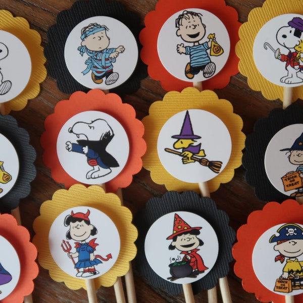 Peanuts The Great Pumpkin Themed Cupcake Toppers - Set of 12 (Charlie Brown, Snoopy, Linus, Woodstock, Sally, Lucy) - Halloween