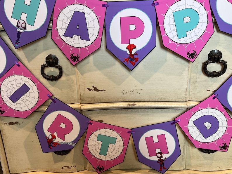 May include: A decorative party banner featuring purple and pink pennants with white circular centers displaying spider web patterns and the letters spelling HAPPY BIRTHDAY. Each pennant includes colorful cartoon spider-themed character graphics.