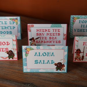 Disney's Moana Themed - Food Tent Cards - Customizable - Moana - Sold in Lots of 6 (Moana / Maui/ Heihei/ Pua, Etc.)