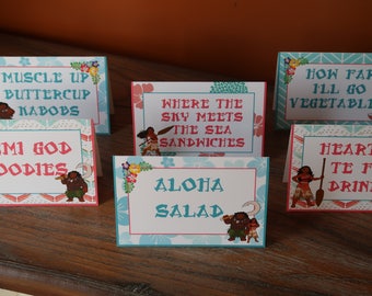 Disney's Moana Themed - Food Tent Cards - Customizable - Moana - Sold in Lots of 6 (Moana / Maui/ Heihei/ Pua, Etc.)
