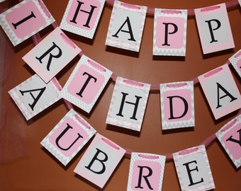 Pink and Grey - Chevron and Polka Dots - Happy Birthday with Name Banner with Pink Tulle