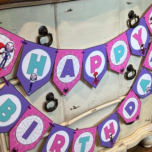 Spidey and his Amazing Friends Themed-Happy Birthday Banner - Pink, Purple and Teal - Customizable - Disney Jr - Spidey, Spin, Ghost-Spider image 7