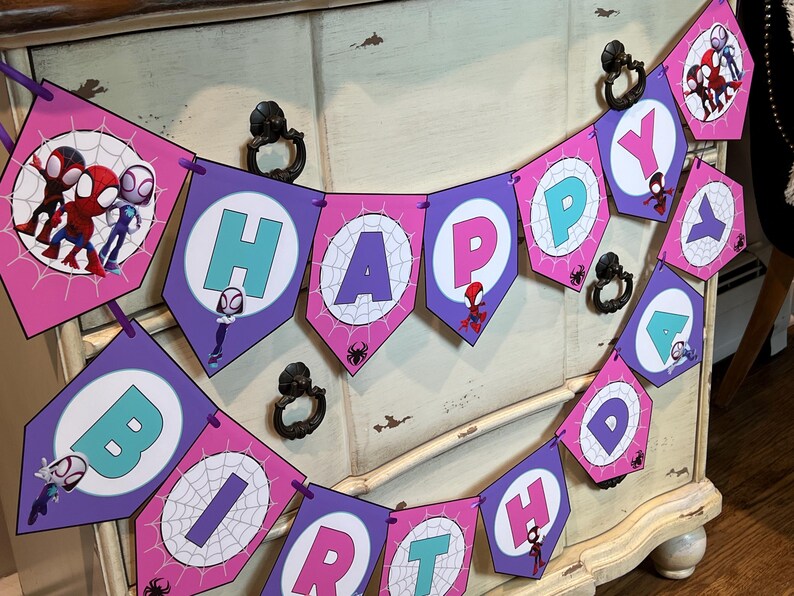 Spidey and his Amazing Friends Themed-Happy Birthday Banner - Pink, Purple and Teal - Customizable - Disney Jr - Spidey, Spin, Ghost-Spider image 7